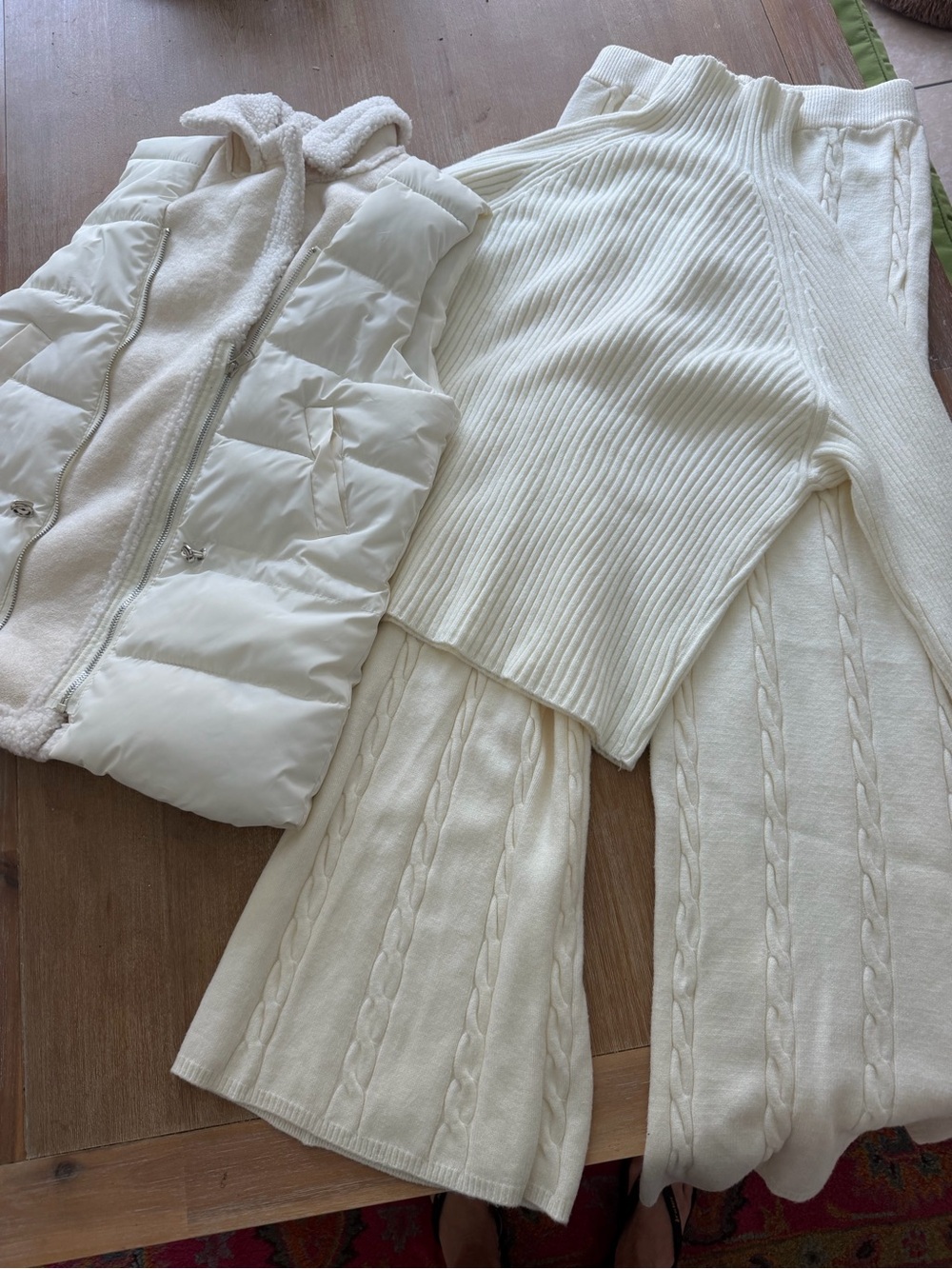 Winter 3pc Set: Ribbed Turtleneck, Cable Knit Flare Pants, Sherpa-Lined Vest